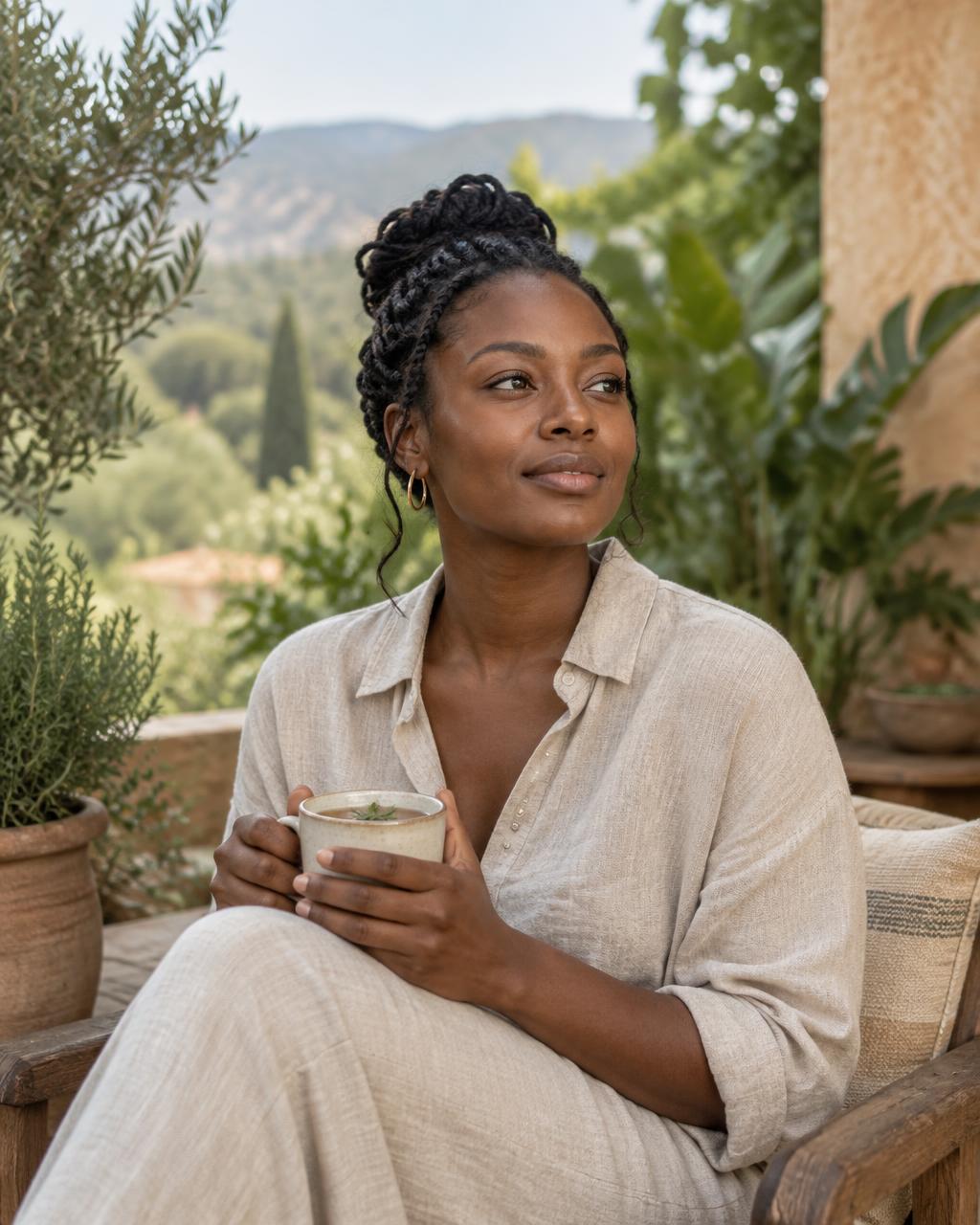 A woman holding a warm cup of herbal tea beside greenery in soft daylight